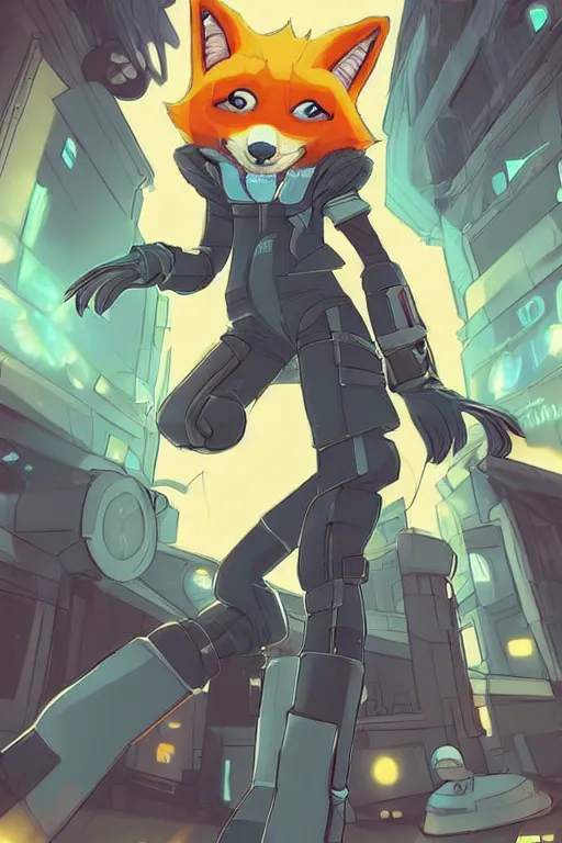 Image similar to a cute cyberpunk anthropomorphic fox with a fluffy tail, comic art, trending on furaffinity, cartoon, kawaii, backlighting, furry art!!!, cel shading, concept art, poster art