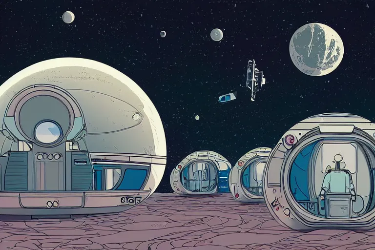 Image similar to a scifi illustration, hyper detailed external view of a lunar colony. cinematic wes anderson composition. flat colors, limited palette in FANTASTIC PLANET La planète sauvage animation by René Laloux