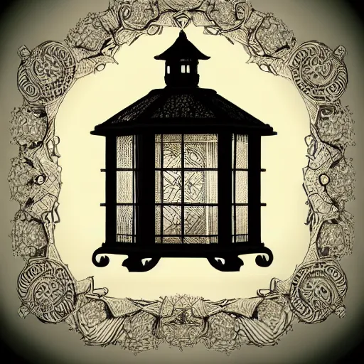 Prompt: very technical and detailed blueprint of a lantern, Center Frame, intricate details, ultra-detailed, baroque style, illustration, desaturated, concept art