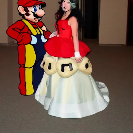 Image similar to a woman cosplaying nintendo mario in an opera gown