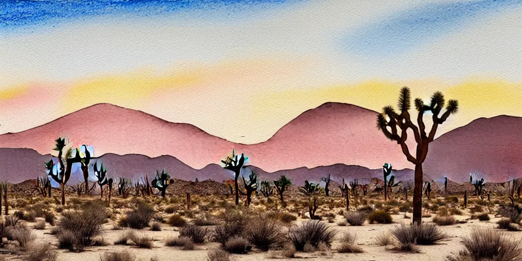 Image similar to hyper detailed Joshua tree desert watercolor painting, boho, mid century, modern, beige and Grey sunset, finely detailed, hd, 8k minimalism, edge to edge, 8k