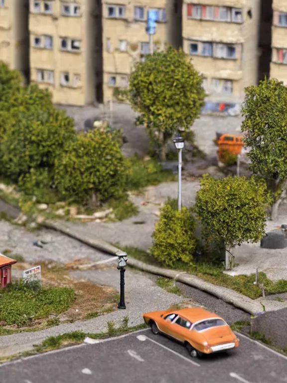 Prompt: detailed miniature diorama a soviet residential building, brutalism architecture, car parking nearby, elderly man passing by, sunny day, warm and joyful atmosphere, summer, streetlamps, several birches nearby
