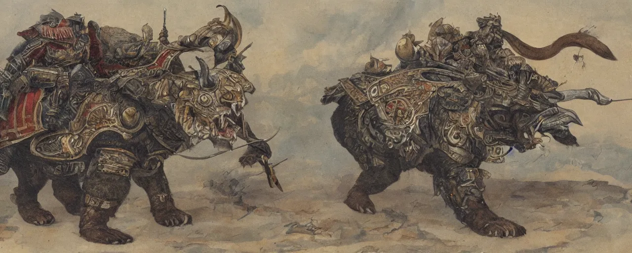 Prompt: painting of an armored Bear mounted on a sabre-tooth tiger.