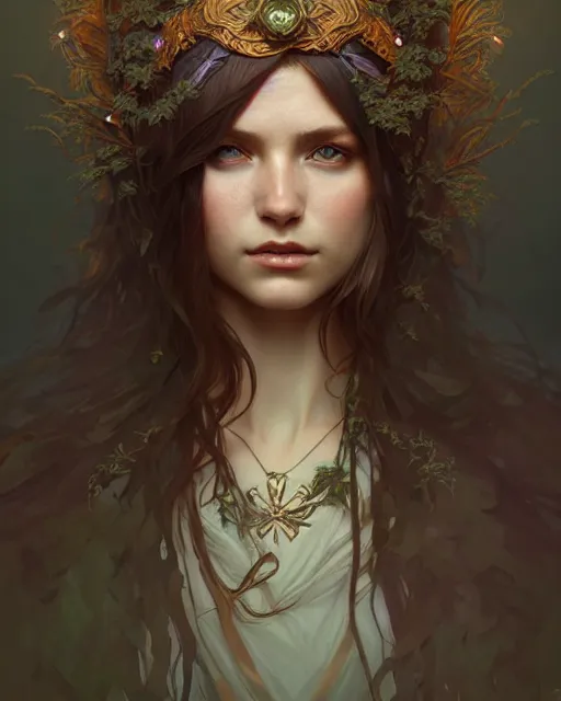 Image similar to beautiful female druid, portrait, fantasy, young, detailed, sketch, intricate, leaves and simple cloth, dynamic lighting, digital art, digital painting, artstation, wlop, sharp focus, illustration, art by artgerm and greg rutkowski and alphonse mucha, 8 k