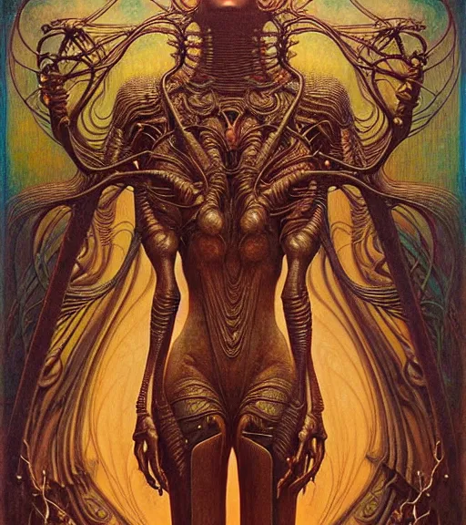 Image similar to detailed realistic beautiful young cher alien robot as queen of mars portrait by jean delville, gustave dore and marco mazzoni, art nouveau, symbolist, visionary, fractal, baroque. horizontal symmetry by zdzisław beksinski, iris van herpen, raymond swanland and alphonse mucha. highly detailed, hyper - real, beautiful