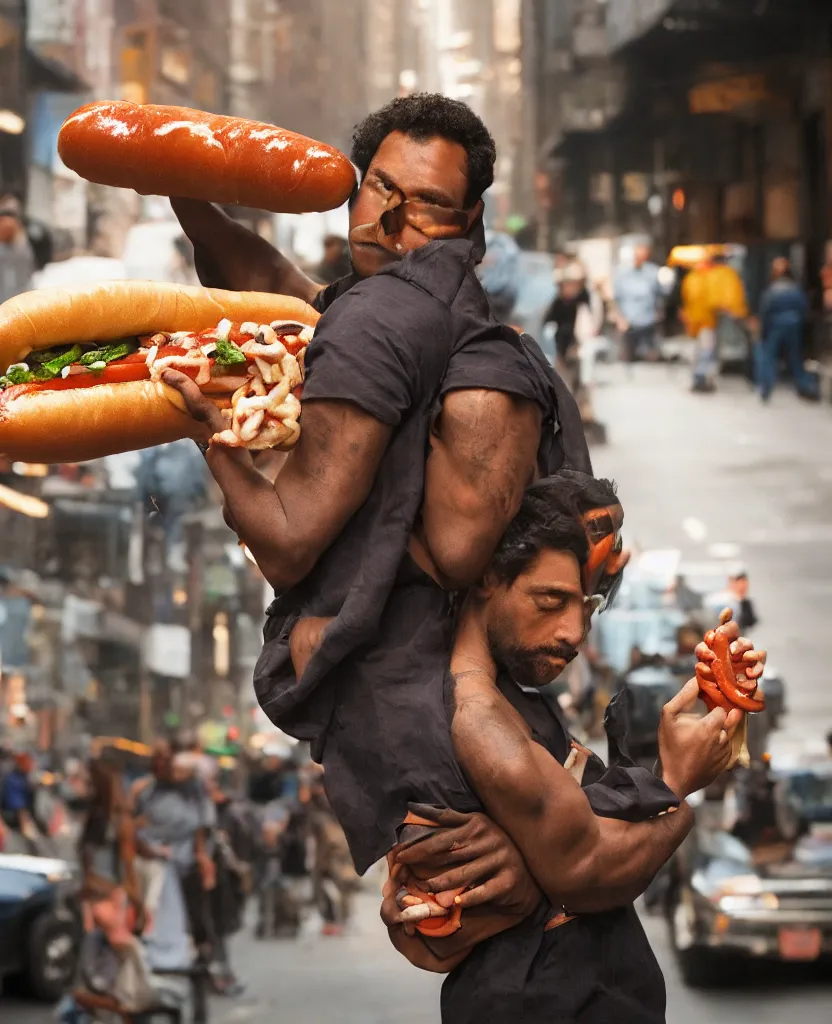 Image similar to closeup portrait of a man carrying a giant hotdog on his shoulder in a smoky new york back street, by Annie Leibovitz and Steve McCurry, natural light, detailed face, CANON Eos C300, ƒ1.8, 35mm, 8K, medium-format print