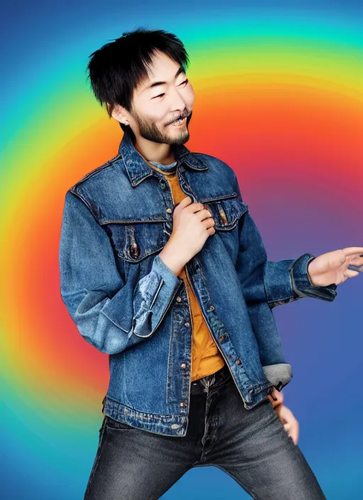 Image similar to japanese man with short hair and a beard wearing denim and leather clothes dancing next to a rainbow, full body portrait, dynamic lighting