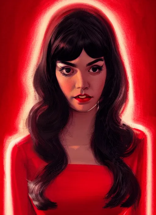 Image similar to portrait of veronica lodge with bangs, 1 9 6 0 s, long hair, red clothes, bangs, intricate, elegant, glowing lights, highly detailed, digital painting, artstation, concept art, smooth, sharp focus, illustration, art by wlop, mars ravelo and greg rutkowski