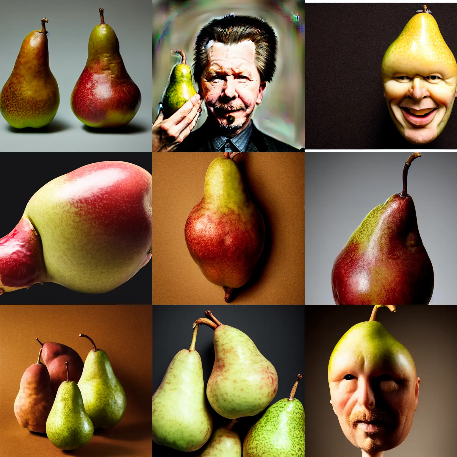 Prompt: gary oldman as a pear, head made out of a pear, pear head, gary oldman with a pear for a head, professional photography, studio lighting