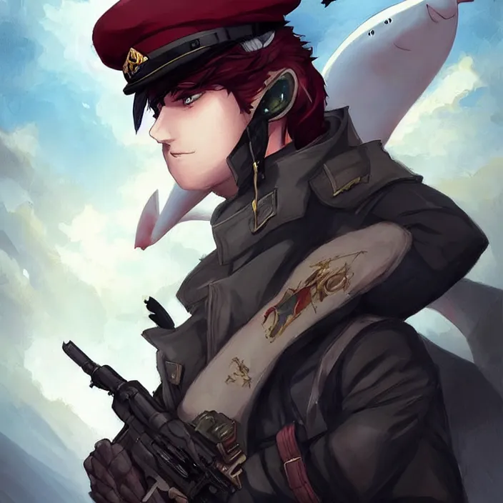 Prompt: beautiful portrait commission of a male furry anthro!!! half-bat half-shark wearing military clothes and a maroon beret. Active Warzone with guns and explosions Atmospheric. Character design by charlie bowater, ross tran, artgerm, and makoto shinkai, detailed, inked, western comic book art