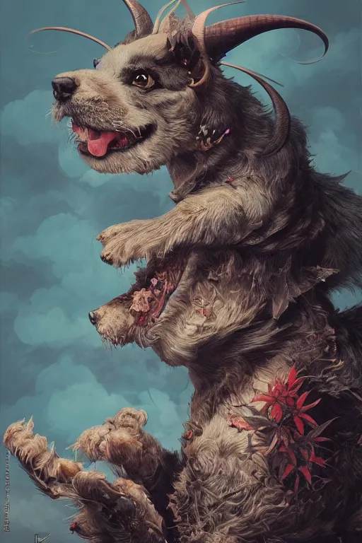 Image similar to a portrait of a japanese devil cannabis dog animal illustrated by miyazaki by karol bak, james jean, tom bagshaw, rococo, sharp focus, trending on artstation, cinematic lighting, hyper realism, octane render, 8 k, hyper detailed, vivid, ultra detailed, highly detailed