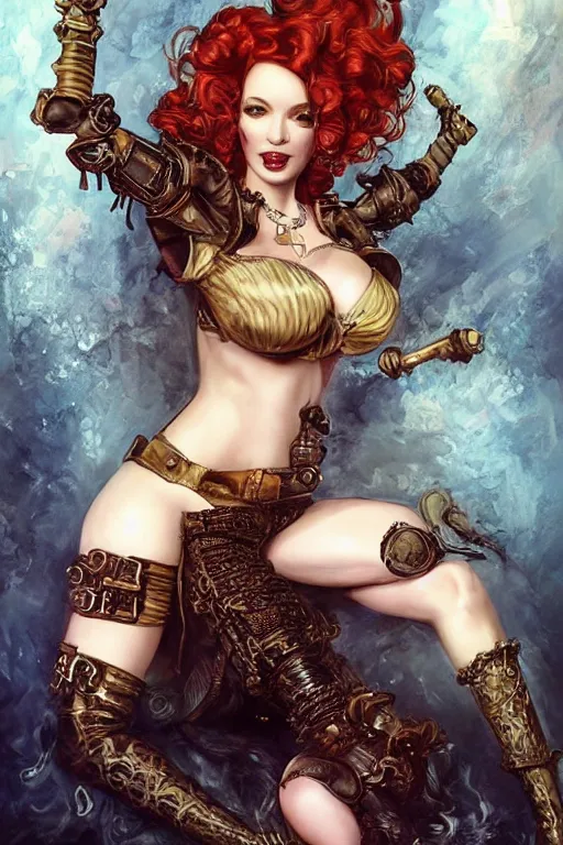 Image similar to three-quarters pose portrait of Christina Hendricks as a sensual Lady Mechanika, very beautiful young woman, ginger wavy hair, Victorian-era push-up underwire. Intricate, steampunk imagery themed, D&D!, fantasy style, sharp focus!, ultra detailed, art by Artgerm and Peter Andrew Jones, WLUP