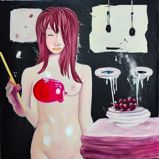 Image similar to “ a portrait in a female art student ’ s apartment, sensual, a pig theme, art supplies, paint tubes, ikebana, herbs, a candle dripping white wax, black walls, squashed berries, berry juice drips, acrylic and spray paint and oilstick on canvas, surrealism, neoexpressionism ”