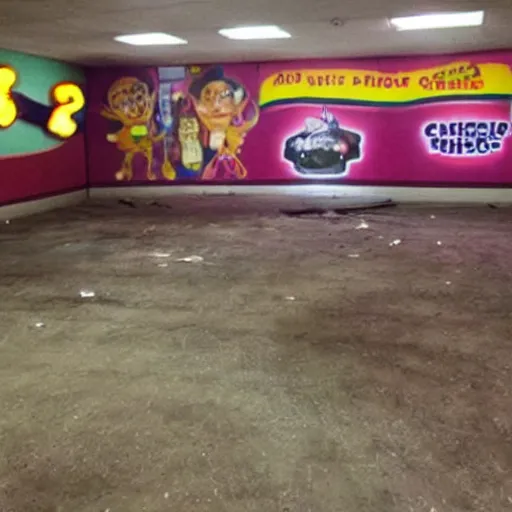 Image similar to an abandoned chuck e. cheese ’ s, no lights, scary animatronic,