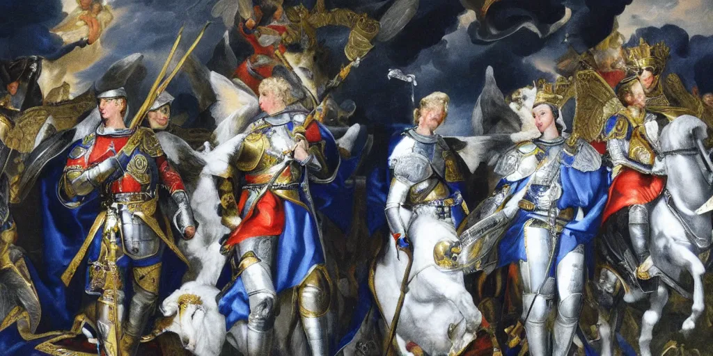 Image similar to photo of prince william, duke of cambridge wearing knight's armor with heavenly angels surrounding him