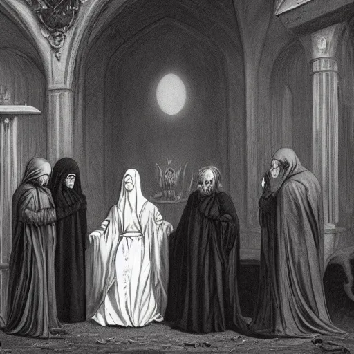 Image similar to a group of robed cultists standing around a metaphysical being, dark, gothic, monochrome, Hannah Barbara, maximalist