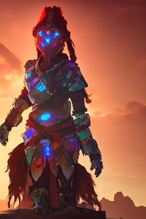 Image similar to combination suit armor aloy horizon forbidden west horizon zero dawn radiating a glowing aura global illumination ray tracing hdr fanart arstation by ian pesty and alena aenami artworks in 4 k tribal robot ninja mask helmet backpack