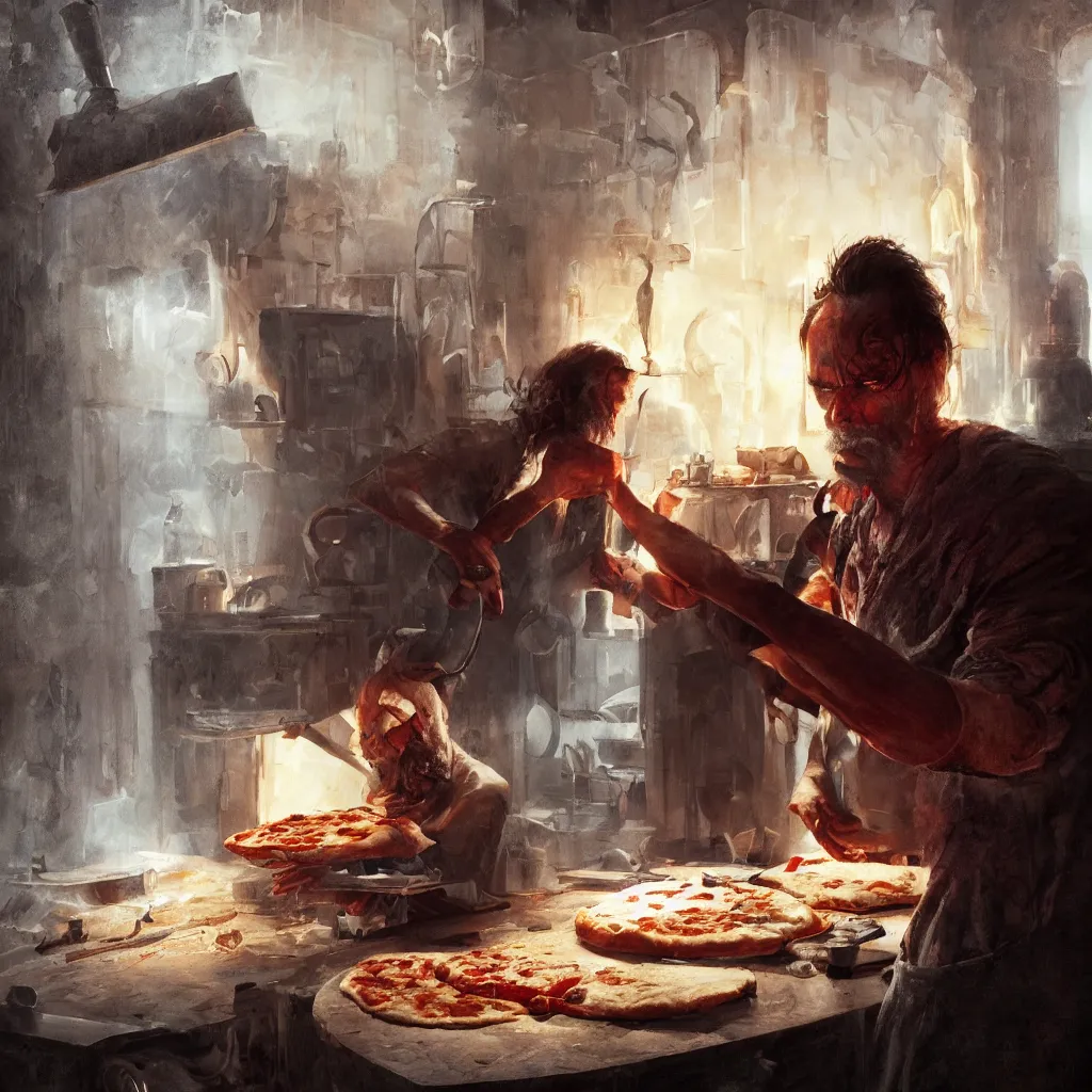 Image similar to a portrait of nick cave baking pizza, eerie colors, dramatic light, gorgeous view, depth, high detail, digital art, painted by greg rutkowski and seb mckinnon, trending on artstation