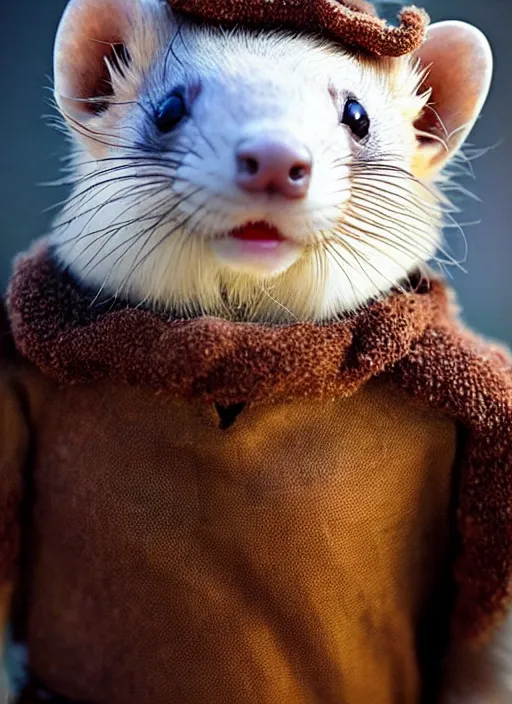 Prompt: a beautiful closeup shot from a fantasy film of a humanoid ferret wearing a loose tunic. an anthropomorphic ferret. portrait. anton nazarenko.