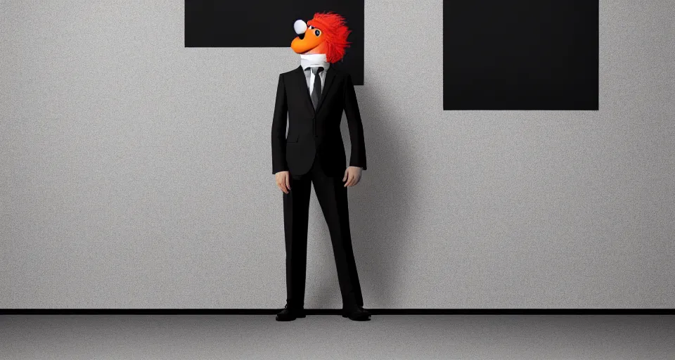 Prompt: elmo in a business suit in the style of clemens ascher, portrait