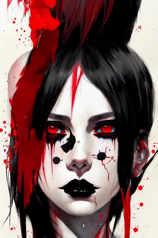 Prompt: a ultradetailed beautiful painting of a stylish goth girl, black eyes, red and black tattoos, by conrad roset, greg rutkowski and makoto shinkai, jon foster, trending on artstation