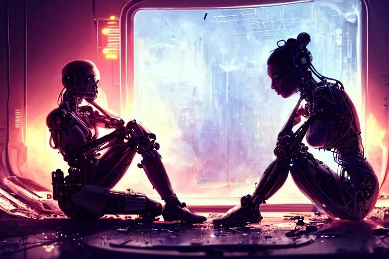 Prompt: Ultra realistic illustration, beautiful alluring damaged cyborg sitting on the floor of a destroyed spaceship, smoking a cigarette while being put back together in an super advanced military medical bay, cyberpunk, sci-fi, fantasy, sparks, small flames, smoke, intricate, elegant, highly detailed, digital painting, artstation, concept art, smooth, sharp focus, illustration, gorgeous cinematic lighting, art by artgerm and greg rutkowski and alphonse mucha