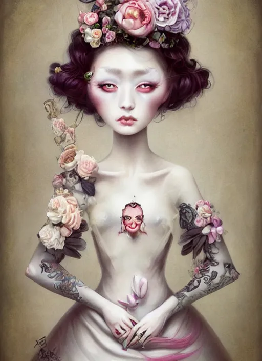 Image similar to pop surrealism, lowbrow art, realistic cute bride white gown girl painting, japanese street fashion, hyper realism, muted colours, rococo, natalie shau, loreta lux, tom bagshaw, mark ryden, trevor brown style,