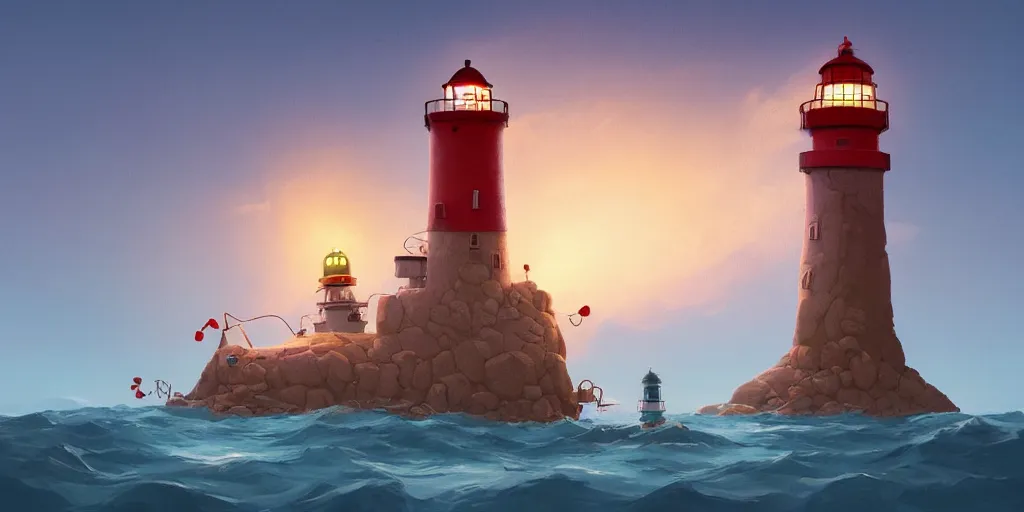 Image similar to cute cartoon monster building a lighthouse by Goro Fujita and Simon Stalenhag , 8k, trending on artstation, hyper detailed, cinematic