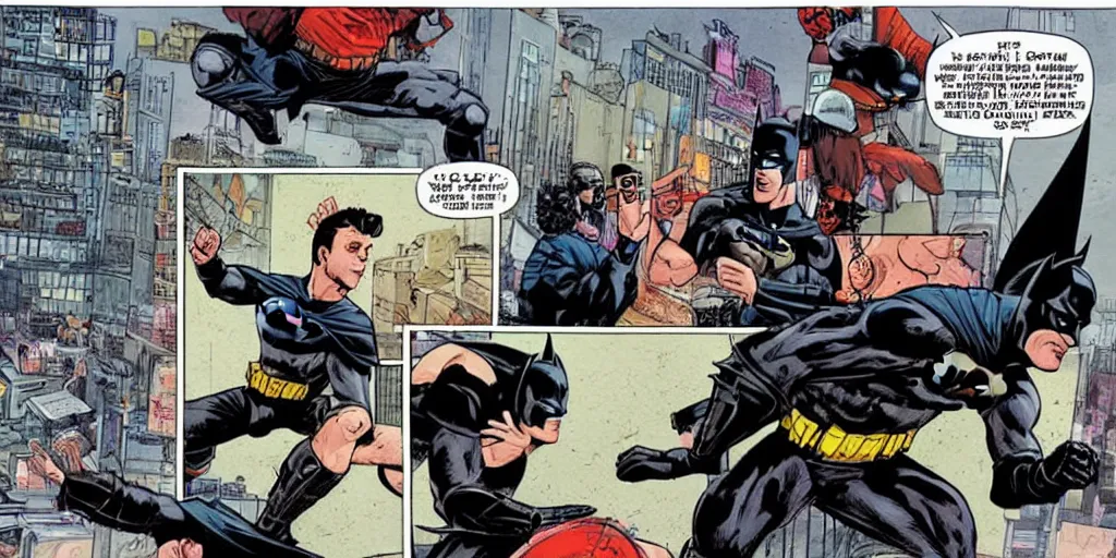 Image similar to Batman teaching mall-cops karate. Epic painting by James Gurney and Laurie Greasley.