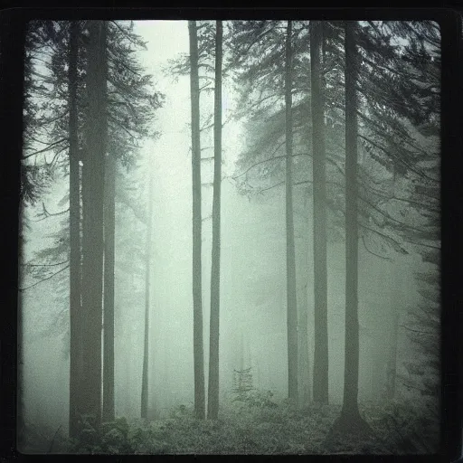 Image similar to you are lost in the forest, polaroid, surrended, foggy