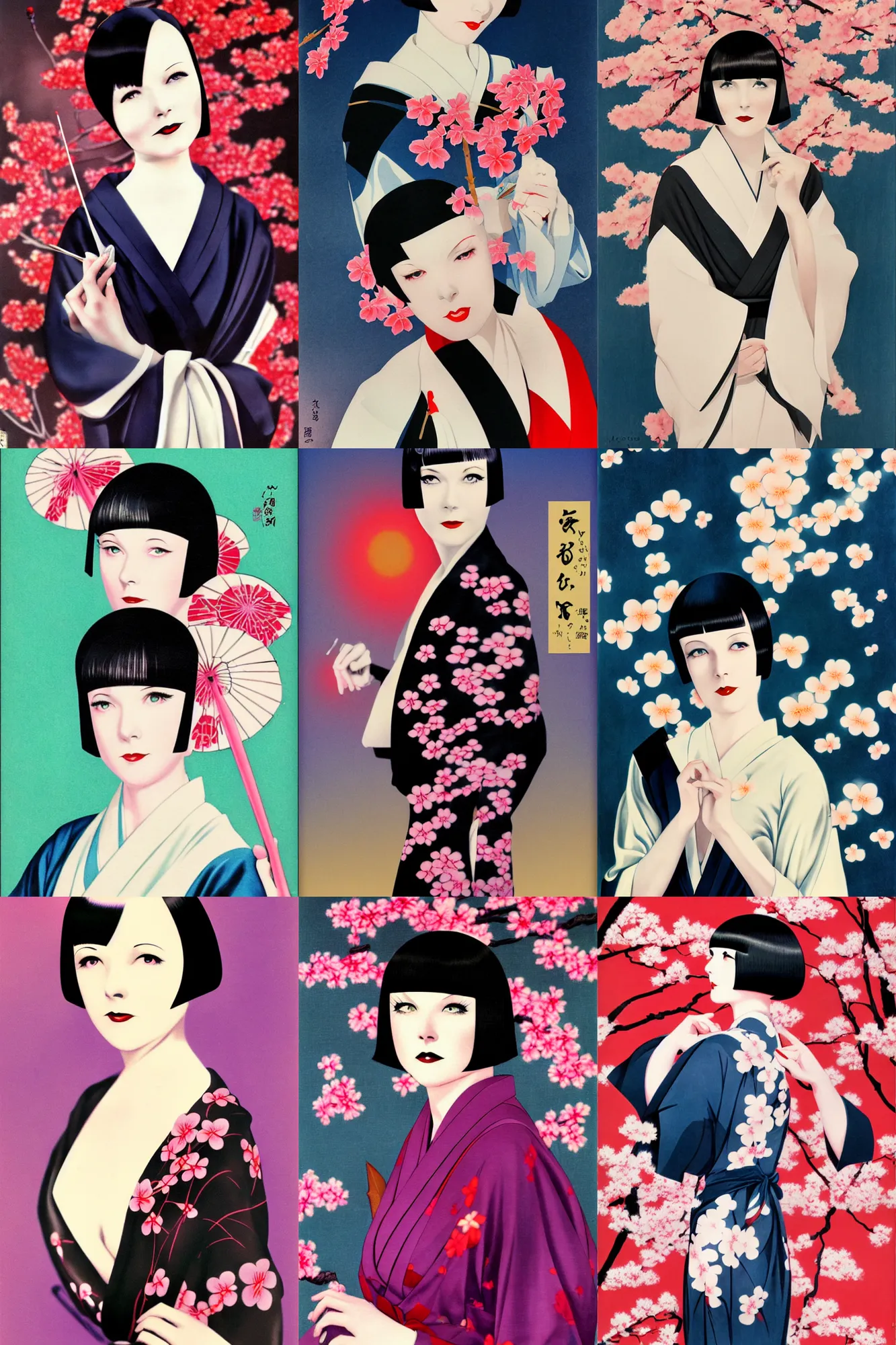 Prompt: 2 8 year old mary louise brooks, wearing kimono, atomic age, by artgerm, cherry blossom falling, in tokyo at night