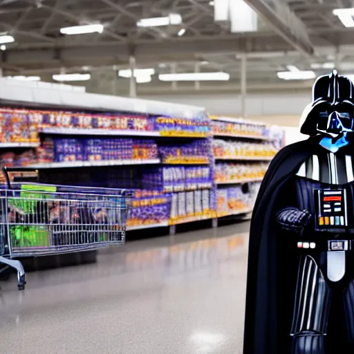 Prompt: A still of a Darth Vader shopping for groceries at Walmart with a shopping cart, 4k, 35mm, photograph, photoreal, ultra realistic, highly detailed, professional lighting