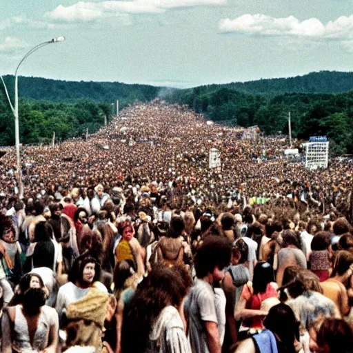 Prompt: crowds heading to woodstock, 1 9 6 9