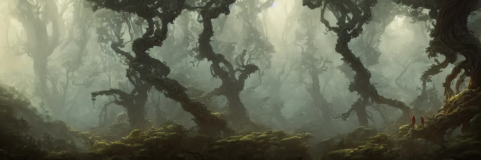 Prompt: Mysterious beautiful Buddhist forest, matte painting by Peter Mohrbacher, featured in artstation, octane render, cinematic, elegant, intricate, 8k