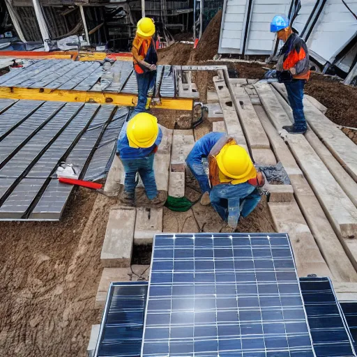 Image similar to Construction workers building the solar system. Extreme wide-angle shot