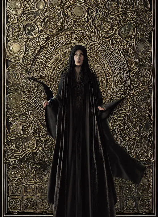 Prompt: portrait of a female sorceress, wearing a black robe, dungeons and dragons, by ivan fedorovich, by ernesto strigelly choultse, cinematic lighting