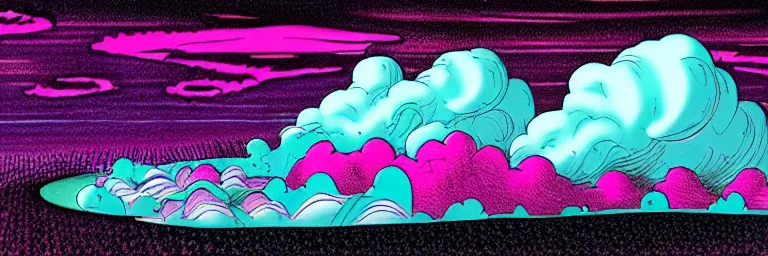 Prompt: graphic novel illustration of pink and purple clouds spiraling into a black hole, cyan lightning, digital illustration, deviantArt, artstation, artstation HQ, HD, 4k resolution