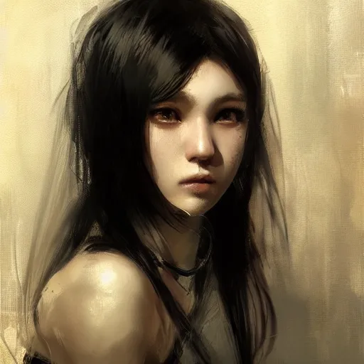 Prompt: a cute girl by ruan jia, closeup headshot, black long hair, black eyes, movie poster style