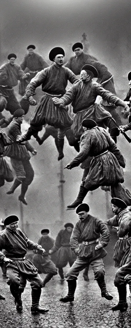 Image similar to ukrainian cossacks play football in london, early 2 0 th century, rain, realistic, hyper detail, dynamic, in john baeder style, many details, super realistic, high quality, 8 k