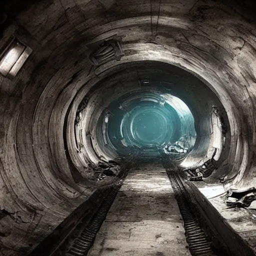 Prompt: vast dimly lit dark tunnel piles of broken spaceships broken robots and abandoned machines photorealism