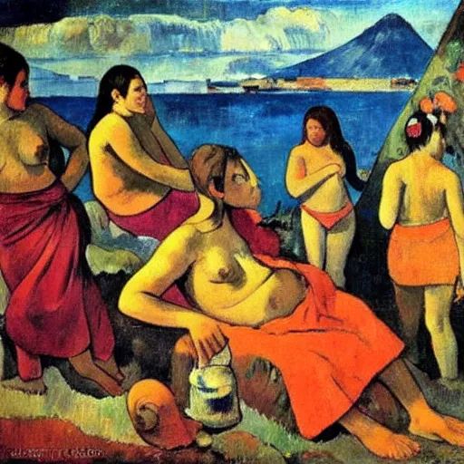 Image similar to Young ladies bathing close to Naples Vesuvio as Paul Gauguin style