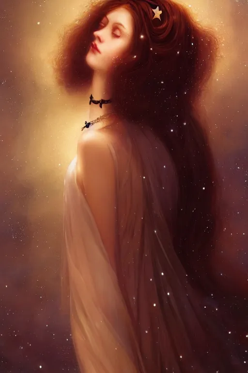 Image similar to Nocturne, glowing, stars, a long-legged elegant sultry woman, long auburn hair, pearl choker, tiara, highly detailed, mysterious, ethereal, dressed in black velvet, haute couture, illustration, dramatic lighting, soft details, painting, by Edmund Blair Leighton, Brom, Charlie Bowater, trending on artstation, faces by otto schmidt