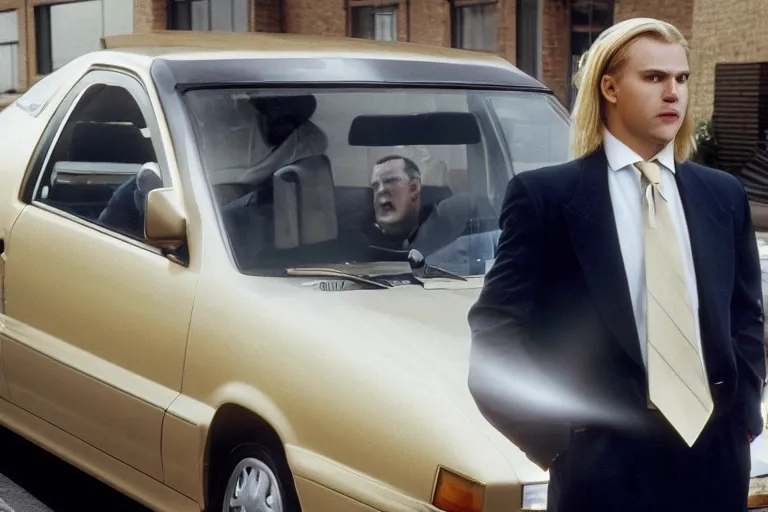 Image similar to cinematic still of portly clean-shaven white man wearing suit and necktie and curly blonde blonde blonde hair as car salesman in 1994 film, XF IQ4, f/1.4, ISO 200, 1/160s, 8K, RAW, dramatic lighting, symmetrical balance, in-frame