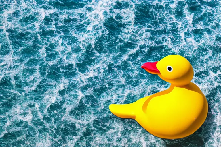 Prompt: a photo of a yellow rubber duck on a background of a blue ocean, high angle, photorealistic, 8 k