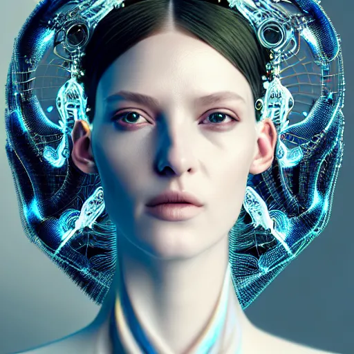 Prompt: portrait of an absurdly beautiful, graceful, sophisticated, fashionable cyberpunk mechanoid, hyperdetailed illustration by irakli nadar, matt wisniewski style, intricate linework, white porcelain skin, iridescent fractal headdress, day - glow facepaint, jellyfish led electronic ruff neckware, unreal engine 5 highly rendered, global illumination, radiant light, detailed and intricate environment