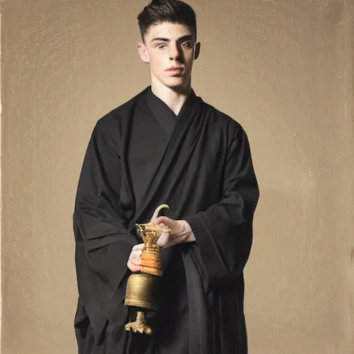 Image similar to attractive kai havertz wearing monk robes holding candlestick. natural lighting by ruan jia, portrait