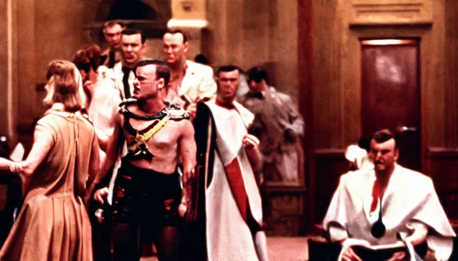 Prompt: 1 9 6 0 s movie still of caligula knifed to death by senators, cinestill 8 0 0 t 3 5 mm, high quality, heavy grain, high detail, dramatic light, ultra wide lens, anamorphic