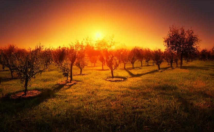 Prompt: an orchard at sunset, digital art, golden hour, beautiful lighting