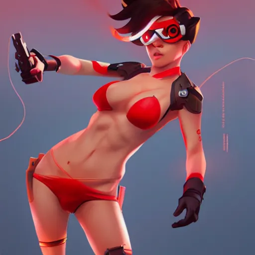 Image similar to portrair of overwatch tracer in a red bikini, artwork by sergey kolesov,