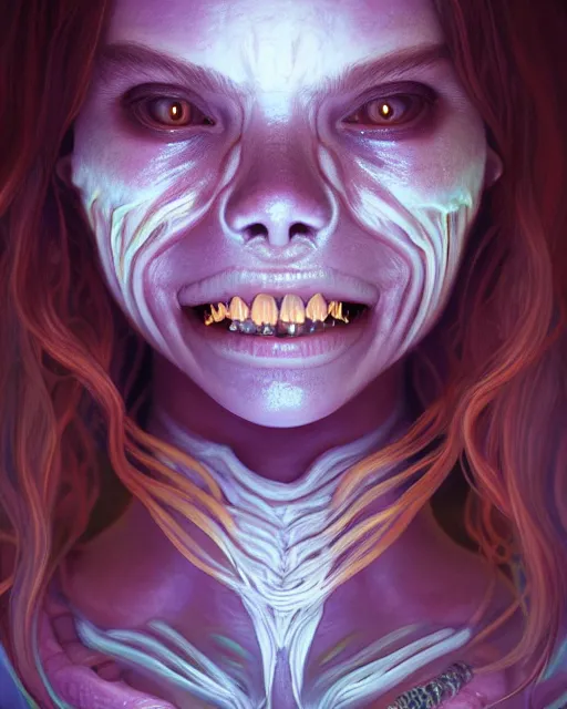 Prompt: portrait of a cute female fangtooth, bioluminescent, veins, horror, happy, highly detailed, digital painting, cinematic, hyperrealism, dark retrowave, art by stanley lau and artgerm and magali villeneuve and alphonse mucha, artstation, octane render, cgsociety